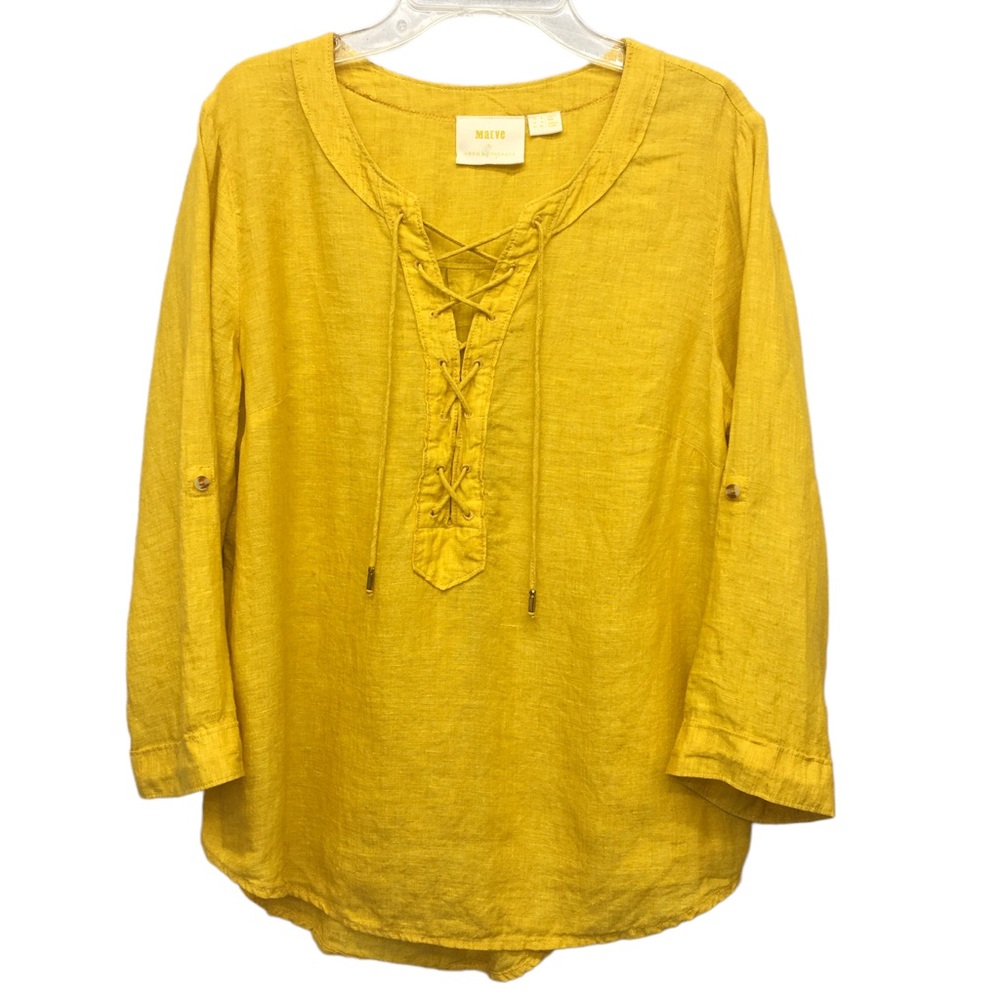 Anthropologie Maeve Mustard Gold Linen Laced Front Top Misses size 4